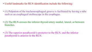 • Useful landmarks for RLN identification include the following:
• (1) Palpation of the tracheoesophageal groove is facilitated by having a tube
such as an esophageal stethoscope in the esophagus.
• (2) The RLN crosses the inferior thyroid artery medial, lateral, or between
branches.
• (3) The superior parathyroid is posterior to the RLN, and the inferior
parathyroid is anterior to the RLN.
 