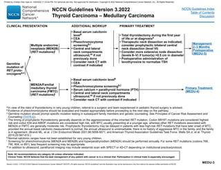 Version 3.2022, 11/01/22 © 2022 National Comprehensive Cancer Network®
(NCCN®
), All rights reserved. NCCN Guidelines®
and this illustration may not be reproduced in any form without the express written permission of NCCN.
Note: All recommendations are category 2A unless otherwise indicated.
Clinical Trials: NCCN believes that the best management of any patient with cancer is in a clinical trial. Participation in clinical trials is especially encouraged.
NCCN Guidelines Version 3.2022
Thyroid Carcinoma – Medullary Carcinoma
NCCN Guidelines Index
Table of Contents
Discussion
MEDU‑3
CLINICAL PRESENTATION ADDITIONAL WORKUP PRIMARY TREATMENT
Germline
mutation of
RET proto-
oncogenea,c
Multiple endocrine
neoplasia (MEN2B)
(RET mutations)j
MEN2A/Familial
medullary thyroid
carcinoma (FMTC)
(RET mutations)j
• Basal serum calcitonin
levelk
• CEA
• Pheochromocytoma
screeningb,l
• Central and lateral
neck compartments
ultrasound,m if not
previously done
• Consider neck CT with
contrast if indicated
• Basal serum calcitonin levelk
• CEA
• Pheochromocytoma screeningb,l
• Serum calcium + parathyroid hormone (PTH)
• Central and lateral neck compartments
ultrasound,m if not previously done
• Consider neck CT with contrast if indicated
• Total thyroidectomy during the first year
of life or at diagnosisa
• Therapeutic neck dissection as indicated;
consider prophylactic bilateral central
neck dissection (level VI)
• Consider more extensive node dissection
(levels II–V) if tumor(s) 0.5 cm in diameter
• Postoperative administration of
levothyroxine to normalize TSH
Management
2–3 Months
Postoperative
(MEDU‑5)
Primary Treatment
(MEDU‑4)
a In view of the risks of thyroidectomy in very young children, referral to a surgeon and team experienced in pediatric thyroid surgery is advised.
b Evidence of pheochromocytoma should be evaluated and treated appropriately before proceeding to the next step on the pathway.
c Germline mutation should prompt specific mutation testing in subsequent family members and genetic counseling. See Principles of Cancer Risk Assessment and
Counseling (THYR-E).
j The timing of prophylactic thyroidectomy generally depends on the aggressiveness of the inherited RET mutation. Codon M918T mutations are considered highest
risk and codon 634 and A883F mutations are considered high risk, with MTC usually presenting at a younger age, whereas other RET mutations associated with
MEN2A or FMTC are generally moderate risk. Prophylactic thyroidectomy may be delayed in patients with less high-risk RET mutations that have later onset of MTC,
provided the annual basal calcitonin measurement is normal, the annual ultrasound is unremarkable, there is no history of aggressive MTC in the family, and the family
is in agreement. (Brandi ML, et al. J Clin Endocrinol Metab 2001;86:5658‑5671; and American Thyroid Association Guidelines Task Force. Wells SA Jr, et al. Thyroid
2015;25:567‑610.)
k Normal calcitonin ranges have not been established for very young children.
l Screening for pheochromocytoma (MEN2A and MEN2B) and hyperparathyroidism (MEN2A) should be performed annually. For some RET mutations (codons 768,
790, 804, or 891), less frequent screening may be appropriate.
m In addition to ultrasound, parathyroid imaging may include sestamibi scan with SPECT or 4D-CT depending on institutional practice/protocol.
Printed by Cristian Díaz rojas on 12/6/2022 11:33:44 PM. For personal use only. Not approved for distribution. Copyright © 2022 National Comprehensive Cancer Network, Inc., All Rights Reserved.
 