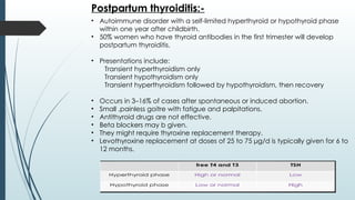 Postpartum thyroiditis:-
• Autoimmune disorder with a self-limited hyperthyroid or hypothyroid phase
within one year after childbirth.
• 50% women who have thyroid antibodies in the first trimester will develop
postpartum thyroiditis.
• Presentations include:
Transient hyperthyroidism only
Transient hypothyroidism only
Transient hyperthyroidism followed by hypothyroidism, then recovery
• Occurs in 3–16% of cases after spontaneous or induced abortion.
• Small ,painless goitre with fatigue and palpitations.
• Antithyroid drugs are not effective.
• Beta blockers may b given.
• They might require thyroxine replacement therapy.
• Levothyroxine replacement at doses of 25 to 75 μg/d is typically given for 6 to
12 months.
 