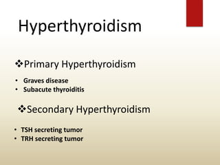 Hyperthyroidism
Primary Hyperthyroidism
• Graves disease
• Subacute thyroiditis
Secondary Hyperthyroidism
• TSH secreting tumor
• TRH secreting tumor
 
