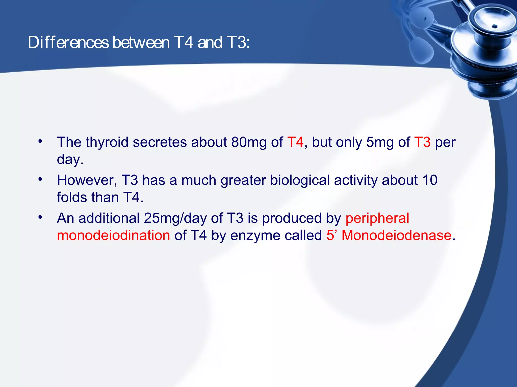 Differencesbetween T4 and T3:
• The thyroid secretes about 80mg of T4, but only 5mg of T3 per
day.
• However, T3 has a much greater biological activity about 10
folds than T4.
• An additional 25mg/day of T3 is produced by peripheral
monodeiodination of T4 by enzyme called 5’ Monodeiodenase.
 