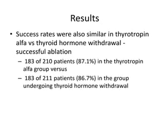 Results
• Success rates were also similar in thyrotropin
alfa vs thyroid hormone withdrawal successful ablation
– 183 of 210 patients (87.1%) in the thyrotropin
alfa group versus
– 183 of 211 patients (86.7%) in the group
undergoing thyroid hormone withdrawal

 