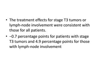 • The treatment effects for stage T3 tumors or
lymph-node involvement were consistent with
those for all patients.
• −0.7 percentage points for patients with stage
T3 tumors and 4.9 percentage points for those
with lymph-node involvement

 