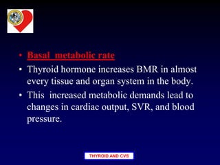 THYROID AND CVS
• Basal metabolic rate
• Thyroid hormone increases BMR in almost
every tissue and organ system in the body.
• This increased metabolic demands lead to
changes in cardiac output, SVR, and blood
pressure.
 