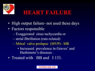 THYROID AND CVS
HEART FAILURE
• High output failure- not used these days
• Factors responsible
– Exaggerated sinus tachycardia or
– atrial fibrillation (rate-related)
– Mitral valve prolapse (MVP)– MR
• Increased prevalence in Graves’ and
Hashimoto’s diseases .
• Treated with BB and I 131.
 