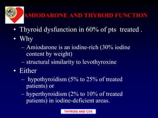 THYROID AND CVS
AMIODARONE AND THYROID FUNCTION
• Thyroid dysfunction in 60% of pts treated .
• Why
– Amiodarone is an iodine-rich (30% iodine
content by weight)
– structural similarity to levothyroxine
• Either
– hypothyroidism (5% to 25% of treated
patients) or
– hyperthyroidism (2% to 10% of treated
patients) in iodine-deficient areas.
 