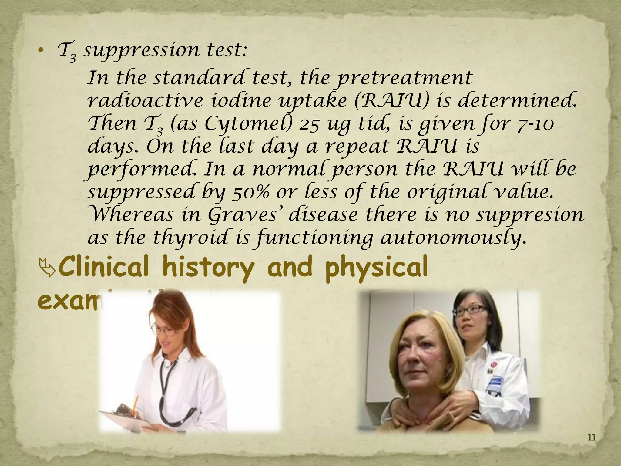 • T3 suppression test:
     In the standard test, the pretreatment
     radioactive iodine uptake (RAIU) is determined.
     Then T3 (as Cytomel) 25 ug tid, is given for 7-10
     days. On the last day a repeat RAIU is
     performed. In a normal person the RAIU will be
     suppressed by 50% or less of the original value.
     Whereas in Graves’ disease there is no suppresion
     as the thyroid is functioning autonomously.
Clinical history and physical
examination :



                                                         11
 
