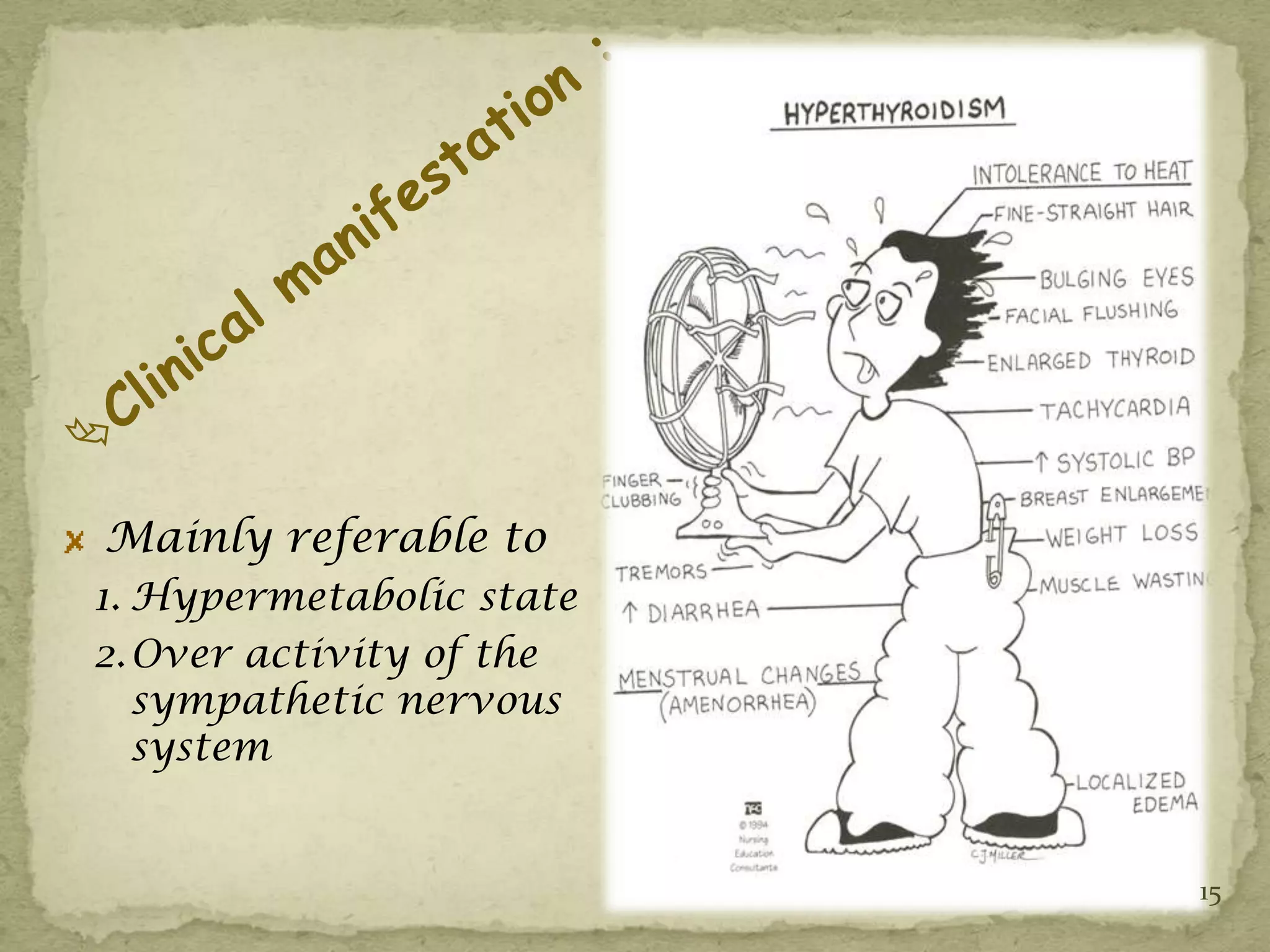 Mainly referable to
1. Hypermetabolic state
2. Over activity of the
   sympathetic nervous
   system


                          15
 