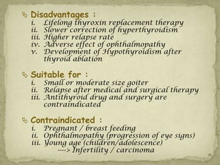  Disadvantages :
  i.     Lifelong thyroxin replacement therapy
  ii.    Slower correction of hyperthyroidism
  iii.   Higher relapse rate
  iv.    Adverse effect of ophthalmopathy
  v.     Development of Hypothyroidism after
         thyroid ablation

 Suitable for :
  i. Small or moderate size goiter
  ii. Relapse after medical and surgical therapy
  iii. Antithyroid drug and surgery are
       contraindicated

 Contraindicated :
  i. Pregnant / breast feeding
  ii. Ophthalmopathy (progression of eye signs)
  iii. Young age (children/adolescence)
          ----> Infertility / carcinoma
                                                   21
 