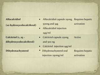 Alfacalcidiol                    Alfacalcidiol capsule 250ng, Requires hepatic
                                 500ng and 1µg                 activation
(1α-hydroxycolecalciferol)
                                 Alfacalcidiol injection
                                 2µg/ml
Calcitriol (1, 25 –              Calcitriol capsule 250ng      Active
dihydroxycolecalciferol)         and 500 ng
                                 Calcitriol injection 1µg/ml
Dihydrotachysterol           •   Dihydrotachysterol oral       Requires hepatic
                                 injection 250mg/ml            activation




                                                                                  40
 