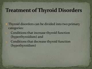  Thyroid disorders can be divided into two primary
categories:
1. Conditions that increase thyroid function
(hyperthyroidism) and
2. Conditions that decrease thyroid function
(hypothyroidism)
 