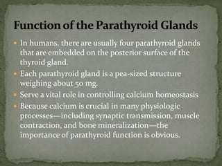  In humans, there are usually four parathyroid glands
that are embedded on the posterior surface of the
thyroid gland.
 Each parathyroid gland is a pea-sized structure
weighing about 50 mg.
 Serve a vital role in controlling calcium homeostasis
 Because calcium is crucial in many physiologic
processes—including synaptic transmission, muscle
contraction, and bone mineralization—the
importance of parathyroid function is obvious.
 