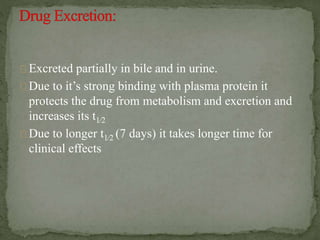 Excreted partially in bile and in urine.
Due to it’s strong binding with plasma protein it
protects the drug from metabolism and excretion and
increases its t1⁄2
Due to longer t1⁄2 (7 days) it takes longer time for
clinical effects
 