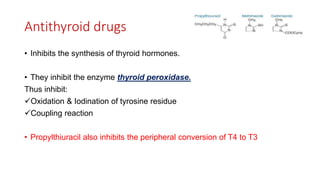 Antithyroid drugs
• Inhibits the synthesis of thyroid hormones.
• They inhibit the enzyme thyroid peroxidase.
Thus inhibit:
Oxidation & Iodination of tyrosine residue
Coupling reaction
• Propylthiuracil also inhibits the peripheral conversion of T4 to T3
 