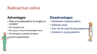 Radioactive iodine
Advantages
• Risk of complications of surgery is
avoided
No Surgical scar
No injury to recurrent laryngeal nerve
No damage to parathyroid gland
• Cure is permanent
Disadvantages
• Permanent hypothyroidism
• Delayed onset
• Can not be used during pregnancy
• Avoided in young patients
 