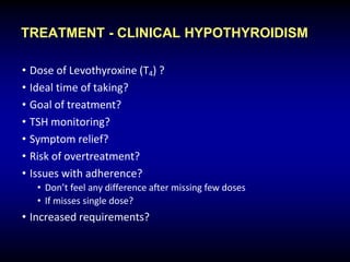 TREATMENT - CLINICAL HYPOTHYROIDISM
• Dose of Levothyroxine (T4) ?
• Ideal time of taking?
• Goal of treatment?
• TSH monitoring?
• Symptom relief?
• Risk of overtreatment?
• Issues with adherence?
• Don’t feel any difference after missing few doses
• If misses single dose?
• Increased requirements?
 