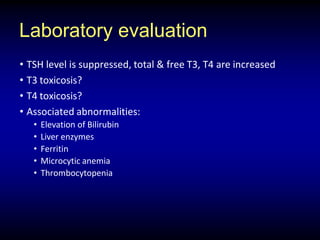 Laboratory evaluation
• TSH level is suppressed, total & free T3, T4 are increased
• T3 toxicosis?
• T4 toxicosis?
• Associated abnormalities:
• Elevation of Bilirubin
• Liver enzymes
• Ferritin
• Microcytic anemia
• Thrombocytopenia
 