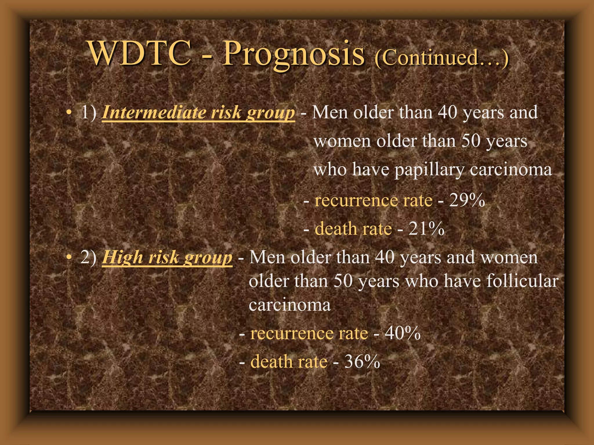WDTC - Prognosis (Continued…)
• 1) Intermediate risk group - Men older than 40 years and
women older than 50 years
who have papillary carcinoma
- recurrence rate - 29%
- death rate - 21%
• 2) High risk group - Men older than 40 years and women
older than 50 years who have follicular
carcinoma
- recurrence rate - 40%
- death rate - 36%
 