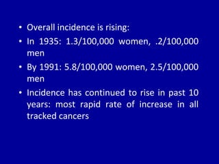 • Overall incidence is rising:
• In 1935: 1.3/100,000 women, .2/100,000
men
• By 1991: 5.8/100,000 women, 2.5/100,000
men
• Incidence has continued to rise in past 10
years: most rapid rate of increase in all
tracked cancers
 