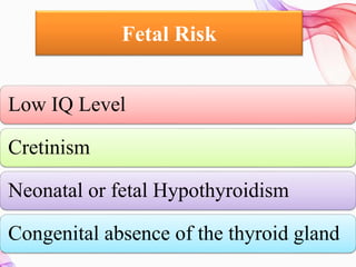 Fetal Risk
Low IQ Level
Cretinism
Neonatal or fetal Hypothyroidism
Congenital absence of the thyroid gland
 