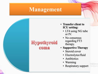 Management
• Transfer client to
ICU setting:
• LT4 using NG tube
or IV.
• No consensus
regarding FT3
therapy.
• Supportive Therapy
• Steroid cover
• Electrolytes/fluid
• Antibiotics
• Warming
• Respiratory support
 