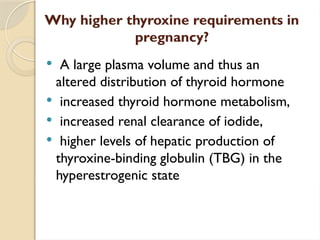 Why higher thyroxine requirements in
pregnancy?
 A large plasma volume and thus an
altered distribution of thyroid hormone
 increased thyroid hormone metabolism,
 increased renal clearance of iodide,
 higher levels of hepatic production of
thyroxine-binding globulin (TBG) in the
hyperestrogenic state
 