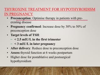THYROXINE TREATMENT FOR HYPOTHYROIDISM
IN PREGNANCY
• Preconception: Optimise therapy in patients with pre-
existing disease
• Pregnancy confirmed: Increase dose by 30% to 50% of
preconception dose
• Target levels of TSH:
– < 2.5 mIU/L in the first trimester
– < 3 mIU/L in later pregnancy
• After delivery: Reduce dose to preconception dose
• Assess thyroid function at 6 weeks postpartum
• Higher dose for postablative and postsurgical
hypothyroidism
 