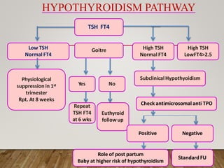 TSH FT4
Low TSH
Normal FT4
Goitre High TSH
Normal FT4
Physiological
suppression in 1st
trimester
Rpt. At 8 weeks
HYPOTHYROIDISM PATHWAY
High TSH
LowFT4>2.5
Yes No
Repeat
TSH FT4
at 6 wks
Euthyroid
followup
SubclinicalHypothyoidism
Check antimicrosomal anti TPO
Positive Negative
Role of post partum
Baby at higher risk of hypothyroidism
Standard FU
 