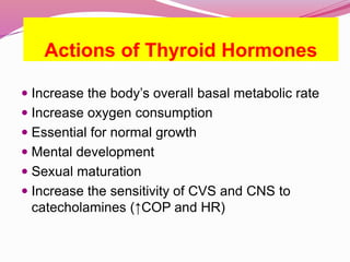 Actions of Thyroid Hormones
 Increase the body’s overall basal metabolic rate
 Increase oxygen consumption
 Essential for normal growth
 Mental development
 Sexual maturation
 Increase the sensitivity of CVS and CNS to
catecholamines (↑COP and HR)
 
