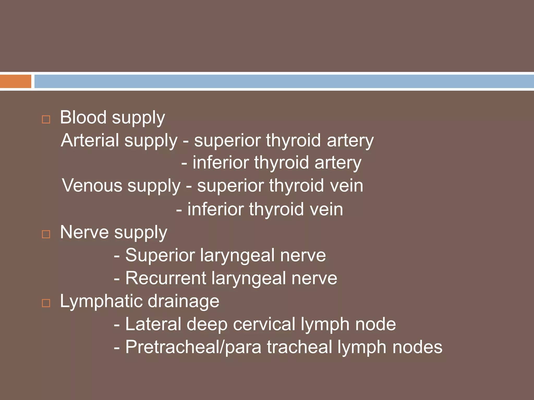  Blood supply
Arterial supply - superior thyroid artery
- inferior thyroid artery
Venous supply - superior thyroid vein
- inferior thyroid vein
 Nerve supply
- Superior laryngeal nerve
- Recurrent laryngeal nerve
 Lymphatic drainage
- Lateral deep cervical lymph node
- Pretracheal/para tracheal lymph nodes
 
