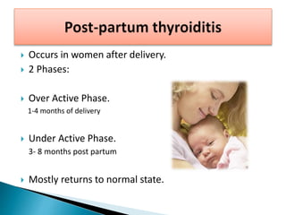  Occurs in women after delivery.
 2 Phases:
 Over Active Phase.
1-4 months of delivery
 Under Active Phase.
3- 8 months post partum
 Mostly returns to normal state.
 