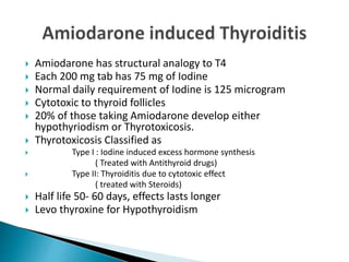  Amiodarone has structural analogy to T4
 Each 200 mg tab has 75 mg of Iodine
 Normal daily requirement of Iodine is 125 microgram
 Cytotoxic to thyroid follicles
 20% of those taking Amiodarone develop either
hypothyriodism or Thyrotoxicosis.
 Thyrotoxicosis Classified as
 Type I : Iodine induced excess hormone synthesis
( Treated with Antithyroid drugs)
 Type II: Thyroiditis due to cytotoxic effect
( treated with Steroids)
 Half life 50- 60 days, effects lasts longer
 Levo thyroxine for Hypothyroidism
 