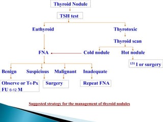 Thyroid Nodule
TSH test
Euthyroid Thyrotoxic
Thyroid scan
FNA Cold nodule Hot nodule
131 I or surgery
Benign Suspicious Malignant Inadequate
Observe or T4-Px Surgery Repeat FNA
FU 6-12 M
Suggested strategy for the management of thyroid nodules
 