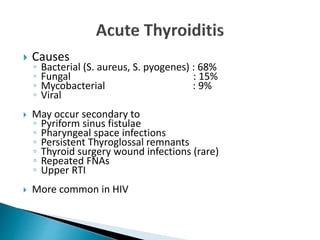  Causes
◦ Bacterial (S. aureus, S. pyogenes) : 68%
◦ Fungal : 15%
◦ Mycobacterial : 9%
◦ Viral
 May occur secondary to
◦ Pyriform sinus fistulae
◦ Pharyngeal space infections
◦ Persistent Thyroglossal remnants
◦ Thyroid surgery wound infections (rare)
◦ Repeated FNAs
◦ Upper RTI
 More common in HIV
 
