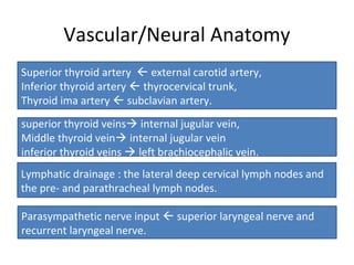 Vascular/Neural Anatomy
Superior thyroid artery  external carotid artery,
Inferior thyroid artery  thyrocervical trunk,
Thyroid ima artery  subclavian artery.
superior thyroid veins internal jugular vein,
Middle thyroid vein internal jugular vein
inferior thyroid veins  left brachiocephalic vein.
Lymphatic drainage : the lateral deep cervical lymph nodes and
the pre- and parathracheal lymph nodes.
Parasympathetic nerve input  superior laryngeal nerve and
recurrent laryngeal nerve.
 