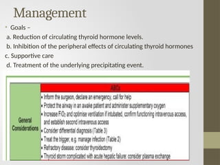 Management
• Goals –
a. Reduction of circulating thyroid hormone levels.
b. Inhibition of the peripheral effects of circulating thyroid hormones
c. Supportive care
d. Treatment of the underlying precipitating event.
 