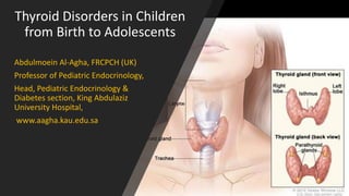 Thyroid Disorders in Children
from Birth to Adolescents
Abdulmoein Al-Agha, FRCPCH (UK)
Professor of Pediatric Endocrinology,
Head, Pediatric Endocrinology &
Diabetes section, King Abdulaziz
University Hospital,
www.aagha.kau.edu.sa
 