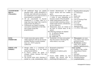 ANTITHYROID
DRUGS
(Thioamides)
 All antithyroid drugs are quickly
absorbed orally, widely distributed in
the body, enter milk and cross placenta;
are metabolized in liver and excreted in
urine primarily as metabolites.
 All are concentrated in thyroid:
intrathyroid t½ is longer: effect of a
single dose lasts longer than would be
expected from the plasma t½.
 Carbimazole acts largely by getting
converted to methimazole in the body
and is longer acting than
propylthiouracil.
 Control thyrotoxicosis in both
Graves’ disease and toxic nodular
goitre.
 Clinical improvement starts after 1–
2 weeks or more (depending on
hormone content of thyroid gland).
 Iodide loaded patients (who have
received iodide containing contrast
media/cough mixtures, amiodarone)
are less responsive.
 Maintenance doses are titrated on
the basis of clinical status of the
patient.
The following strategies are adopted.
(i) As definitive therapy
(ii) Preoperatively
(iii) Along with 131
I
 Hypothyroidism and goitre
 G.I. Intolerance
 Skin
 Rashes and
 Joint pain
 Loss or Graying of hair
 Loss of taste
 Fever and
 Liver damage
 Agranulocytosis
 (1 in 500 to 1000 cases)
IONIC
INHIBITORS
 Certain monovalent anions inhibit
iodide trapping by NIS into the thyroid
probably because of similar hydrated
ionic size—T4/T3 cannot be
synthesized.
 Perchlorate is 10 times more potent
than thiocyanate in blocking NIS,
while nitrate is very weak.
 Thiocyanates: can cause
liver, kidney, bone marrow
and brain toxicity.
 Perchlorates: produce
rashes, fever, aplastic
anaemia, Agranulocytosis.
IODINE AND
IODIDES
 Though iodine is a constituent of
thyroid hormones, it is the fastest
acting thyroid inhibitor.
 In Grave’s disease the gland, if
enlarged, shrinks, becomes firm and
less vascular.
 The thyroid status starts returning to
normal at a rate commensurate with
 Preoperative preparation
 Thyroid storm.
 Prophylaxis of endemic goitre
 Antiseptic
 Excess iodide inhibits its own
transport into thyroid cells by
interfering with expression of
Acute reaction
 Swelling of lips, eyelids
 Angioedema of larynx
 Fever
 Joint pain
 Petechial haemorrhages
 Thrombocytopenia
 Lymphadenopathy
Dr.Koppala RVS Chaitanya
 