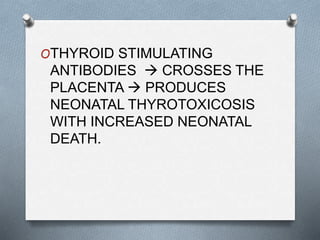 OTHYROID STIMULATING
ANTIBODIES  CROSSES THE
PLACENTA  PRODUCES
NEONATAL THYROTOXICOSIS
WITH INCREASED NEONATAL
DEATH.
 