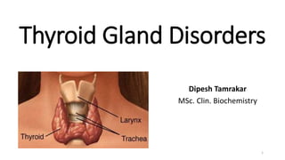 Thyroid Gland Disorders
Dipesh Tamrakar
MSc. Clin. Biochemistry
1
 