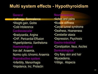 15 
Multi system effects - Hypothyroidism 
General 
Neuromuscular 
•Lethargy, Somnalence 
•Aches and pains 
•Weight gain, Goitre 
•Muscle stiffness 
•Cold Intolerence 
•Carpel tunnel syndrome 
Cardiovascular 
•Deafness, Hoarseness 
•Bradycardia, Angina 
•Cerebellar ataxia 
•CHF, Pericardial Effusion 
•Depression, Psychosis 
•HyperlipIdemia, Xanthelsma 
Gastro-intestinal 
Haematological 
•Constipation, Ileus, Ascites 
Iron def. Anaemia, 
Dermatological 
Normo cytic /chromic Anaemia 
•Dry flaky skin and hair 
Reproductive system 
•Myxoedema, 
•Infertility, Menorrhagia 
•Vitiligo, Alopecia 
•Impotence, Inc. Prolactin 
 