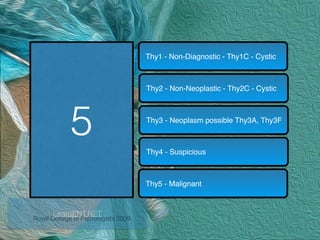 5
Thy1 - Non-Diagnostic - Thy1C - Cystic
Thy2 - Non-Neoplastic - Thy2C - Cystic
Thy3 - Neoplasm possible Thy3A, Thy3F
Thy4 - Suspicious
Thy5 - Malignant
Royal College of Pathologists 2009
LearnENT.NET
 