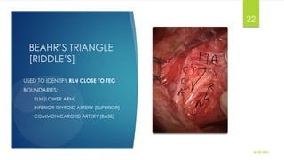 BEAHR’S TRIANGLE
[RIDDLE’S]
USED TO IDENTIFY RLN CLOSE TO TEG
BOUNDARIES:
RLN [LOWER ARM]
INFERIOR THYROID ARTERY [SUPERIOR]
COMMON CAROTID ARTERY [BASE]
30-09-2021
22
 