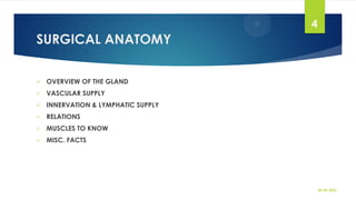 SURGICAL ANATOMY
 OVERVIEW OF THE GLAND
 VASCULAR SUPPLY
 INNERVATION & LYMPHATIC SUPPLY
 RELATIONS
 MUSCLES TO KNOW
 MISC. FACTS
30-09-2021
4
 