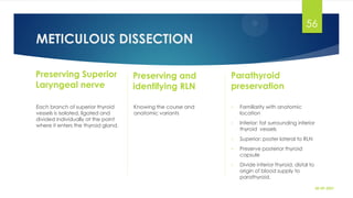 METICULOUS DISSECTION
Preserving Superior
Laryngeal nerve
Each branch of superior thyroid
vessels is isolated, ligated and
divided individually at the point
where it enters the thyroid gland.
Preserving and
identifying RLN
Knowing the course and
anatomic variants
Parathyroid
preservation
• Familiarity with anatomic
location
• Inferior: fat surrounding inferior
thyroid vessels
• Superior: poster lateral to RLN
• Preserve posterior thyroid
capsule
• Divide inferior thyroid, distal to
origin of blood supply to
parathyroid.
30-09-2021
56
 