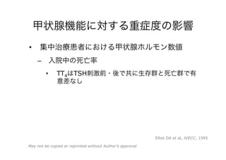 甲状腺機能に対する重症度の影響
•  集中治療患者における甲状腺ホルモン数値
–  入院中の死亡率
•  TT4はTSH刺激前・後で共に生存群と死亡群で有
意差なし
May not be copied or reprinted without Author’s approval
Elliot DA et al, JVECC, 1995
 