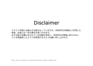 Disclaimer
スライド作製には細心の注意を払っていますが、本PDF内の情報をご利用した
結果、私個人は一切の責任を負いかねます。
必ず文献や成書に記されている記載を参照し、本PDF内の情報に誤りがない
ことを再確認した上でご利用頂けますようお願い申し上げます。
May not be copied or reprinted without Author’s approval
 