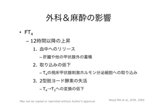 外科＆麻酔の影響
•  FT4
–  12時間以降の上昇
1.  血中へのリリース
– 肝臓や他の甲状腺外の蓄積
2.  取り込みの低下
– T4の視床甲状腺刺激ホルモン分泌細胞への取り込み
3.  2型脱ヨード酵素の失活
– T4→T3への変換の低下
Wood MA et al, JVIM, 2009May not be copied or reprinted without Author’s approval
 