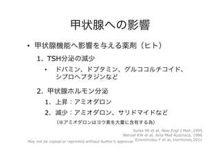 甲状腺への影響
•  甲状腺機能へ影響を与える薬剤（ヒト）
1.  TSH分泌の減少
•  ドパミン、ドブタミン、グルココルチコイド、
シプロヘプタジンなど
2.  甲状腺ホルモン分泌
1.  上昇：アミオダロン
2.  減少：アミオダロン、サリドマイドなど
（※アミオダロンはヨウ素を大量に含有する為）
Surks MI et al, New Engl J Med ,1995
Wenzel KW et al, Acta Med Austriaca, 1996
Economidou F et al, Hormones,2011May not be copied or reprinted without Author’s approval
 