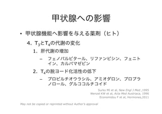 甲状腺への影響
•  甲状腺機能へ影響を与える薬剤（ヒト）
4.  T3とT4の代謝の変化
1.  肝代謝の増加
–  フェノバルビタール、リファンピシン、フェニト
イン、カルバマゼピン
2.  T4の脱ヨード化活性の低下
–  プロピルチオウラシル、アミオダロン、プロプラ
ノロール、グルココルチコイド
Surks MI et al, New Engl J Med ,1995
Wenzel KW et al, Acta Med Austriaca, 1996
Economidou F et al, Hormones,2011
May not be copied or reprinted without Author’s approval
 